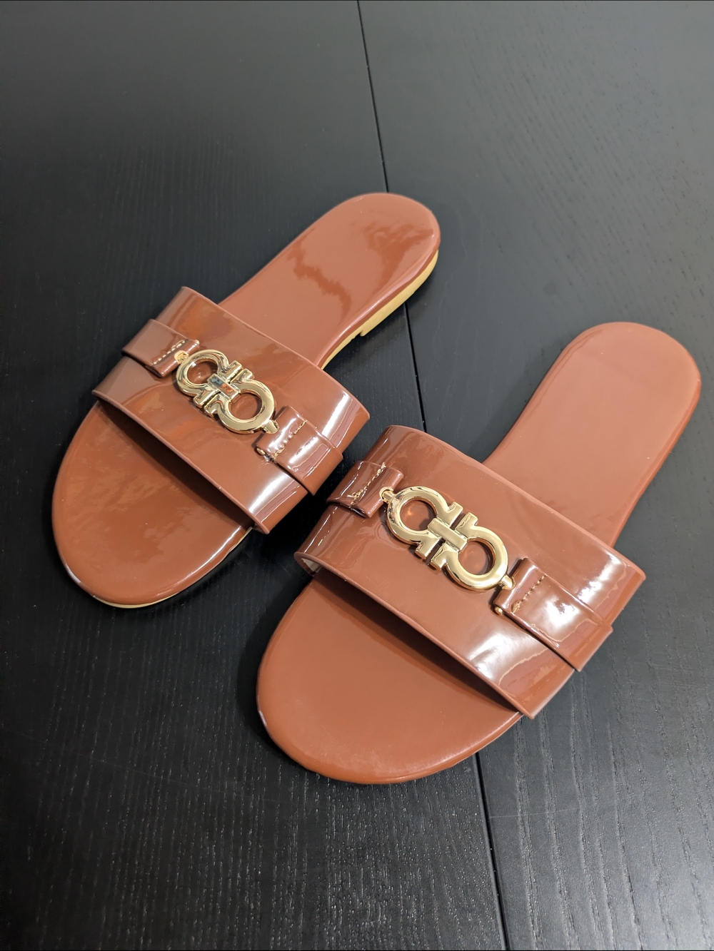 Salvatore Ferragamo Cognac Brown Patent Slide Sandals with Gold Gancini